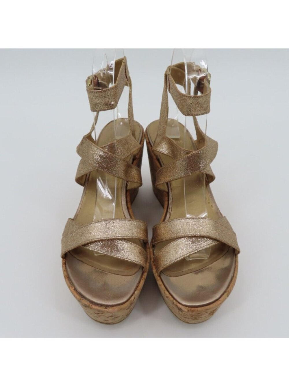 Stuart Weitzman Women 9M Gold Glitter Cork Platform Wedge Sandals Strappy Shoes - Picture 2 of 13